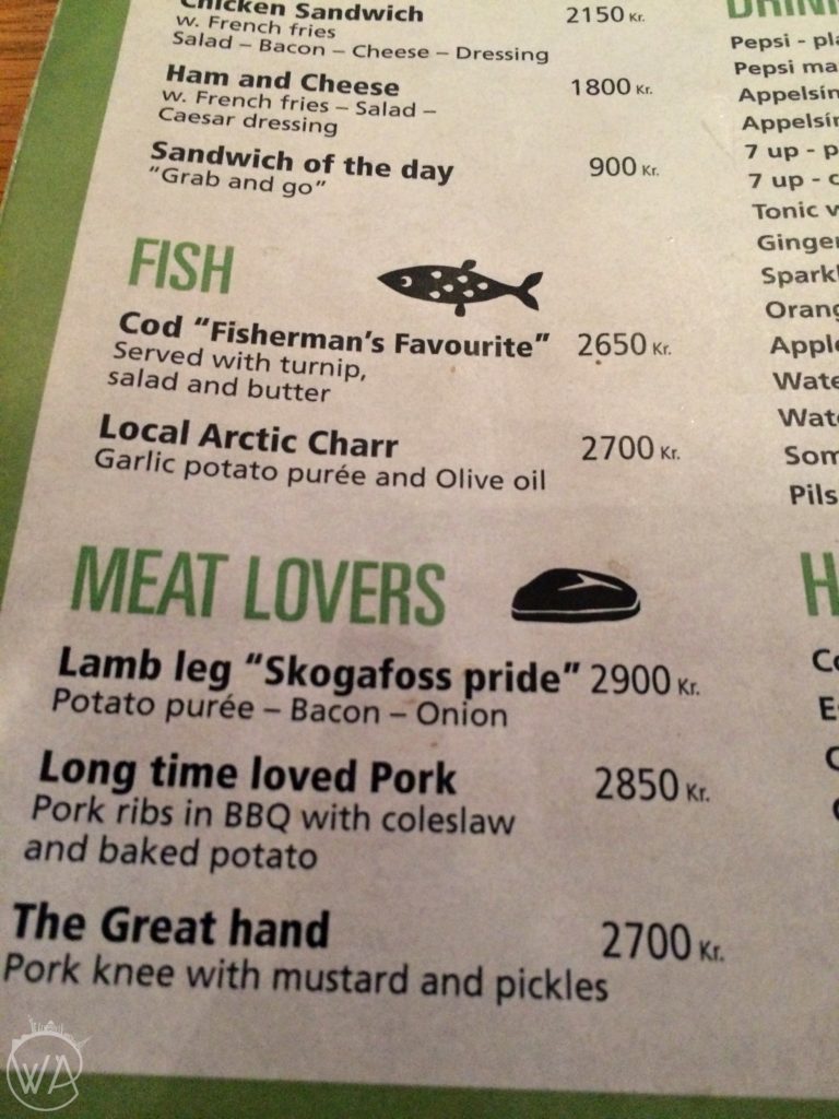 Skogafoss restaurant menu