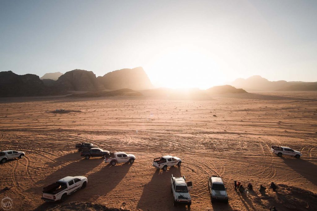 Jeeps meeting up for the sunset, Wadi Rum 
