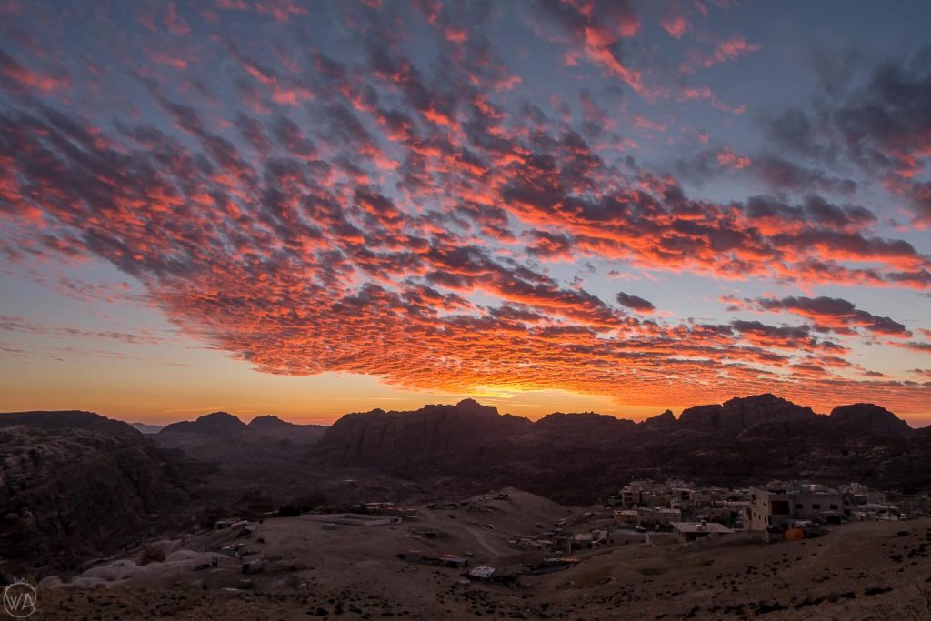Sunset over the Petra mountains and Uum Sayhoun town, Jordan.