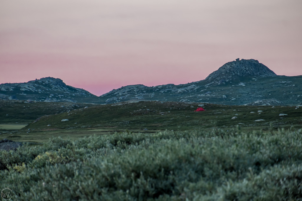 Wild camping in Norway during sunset.