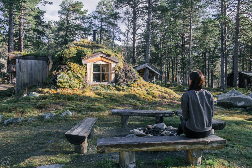 Girl in front of Hobbit cabin in Norway 